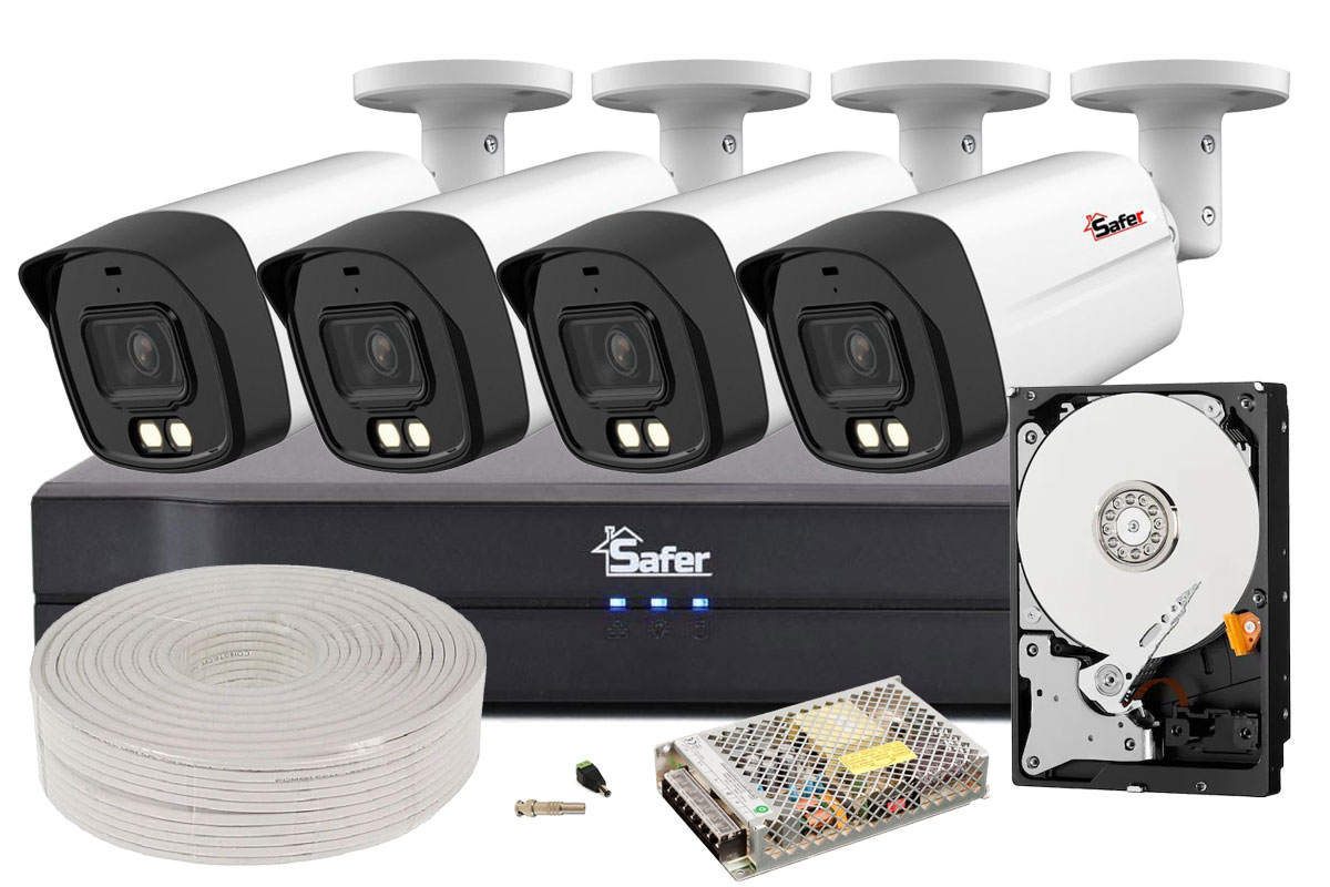 Kit complet de supraveghere video Safer, 5 MP, 4 camere, Iluminare Duala 40m, DVR 4 canale, HDD 2 TB, KITSAF-4X-5MP28IL40ACCHDD