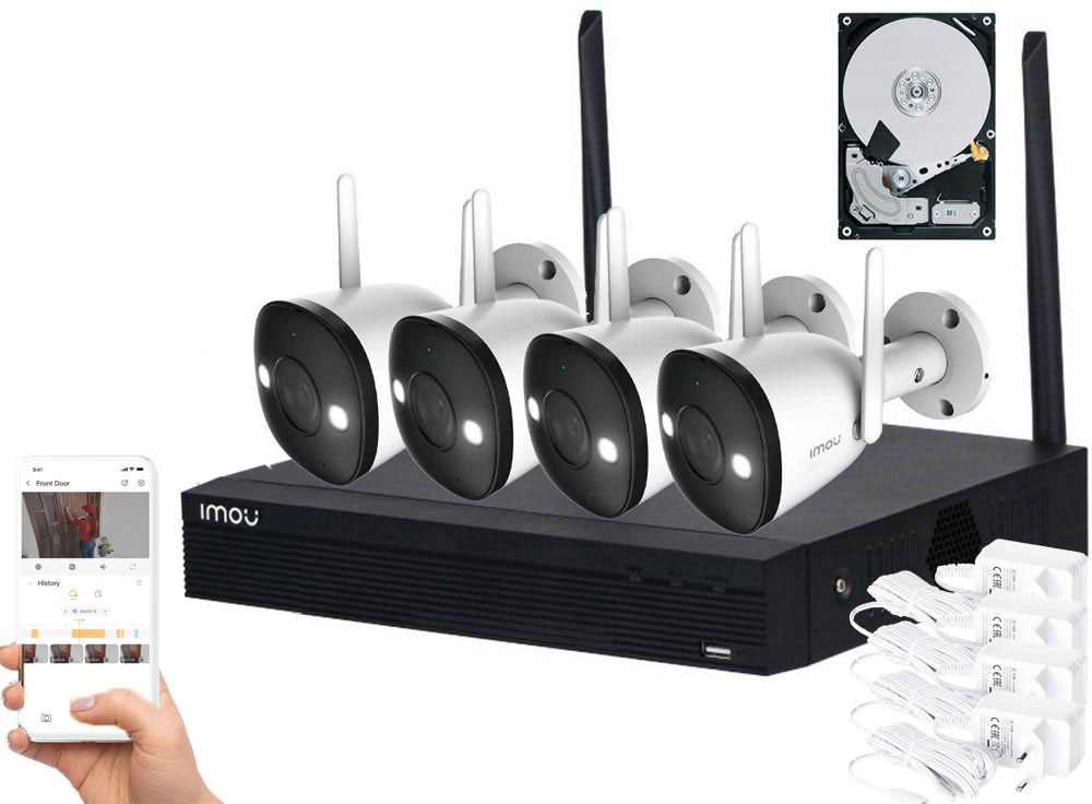Kit supraveghere video complet, Wireless, 4 camere Imou Full Color, LED 30 m, Microfon si difuzor, Sirena, NVR, HDD 1TB
