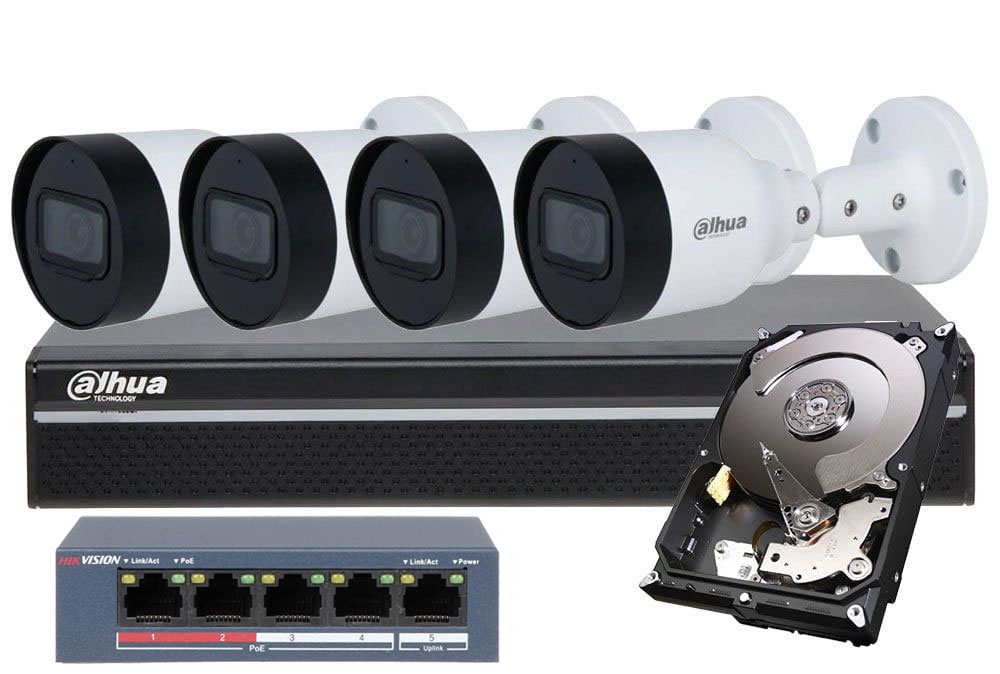 Kit de supraveghere IP 4 camere exterior 5MP, IR 30 metri si NVR 4 canale, KITPOE2MPEXT