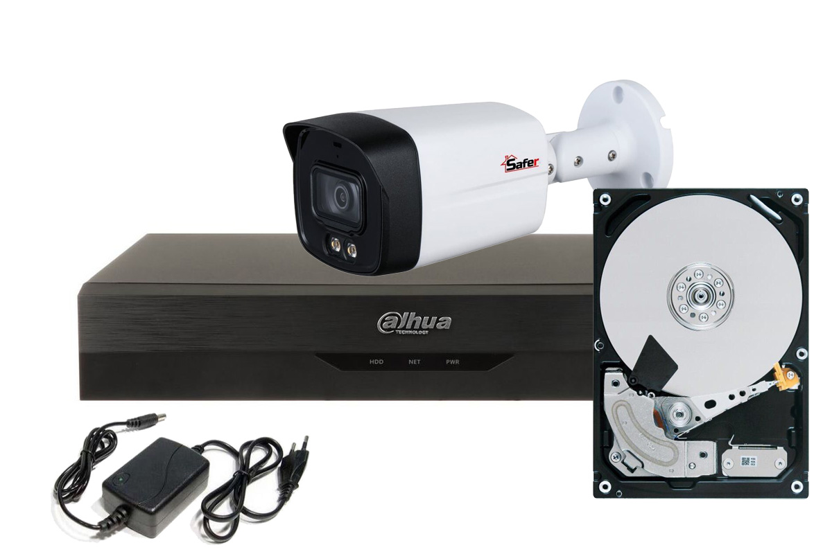Kit de supraveghere pentru exterior, o camera bullet, 5MP, starlight, DVR 4 canale, Hard Disk 2TB, Dahua KITSAF-1X-5MP28L40-HDD
