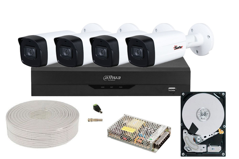 Kit de supraveghere video, 4 camere 2 MP, LED cu lumina IR 80 m, DVR 4 canale, accesorii incluse, HDD 1TB, Dahua KIT-4X-2MP28LED20-COMPLET