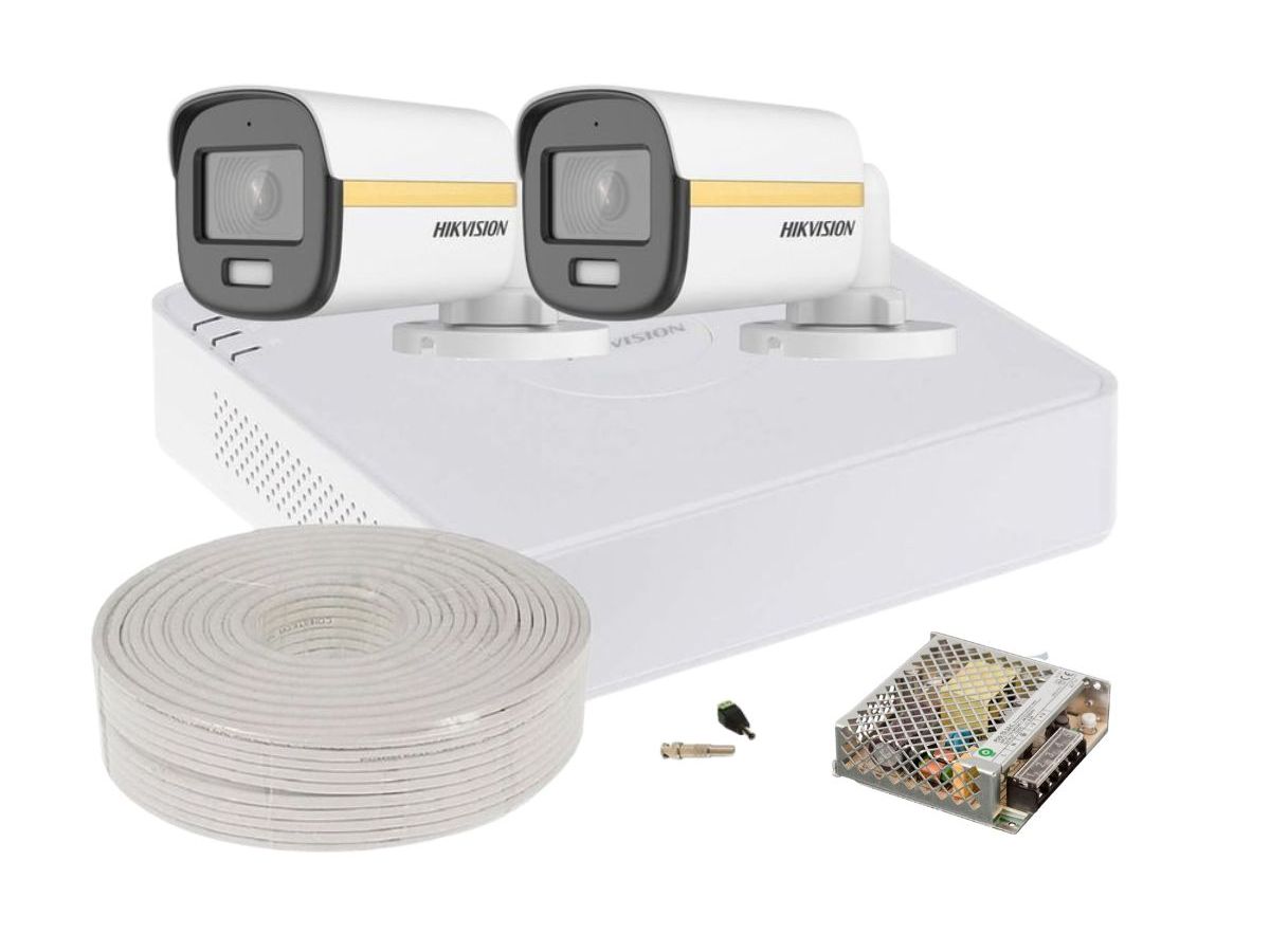 Kit de supraveghere video Full HD, ColorVu LED 20 de metri, 2.8mm, Microfon si DVR 4 canale, Hikvision SAF-2XFHDIR40ACC-2