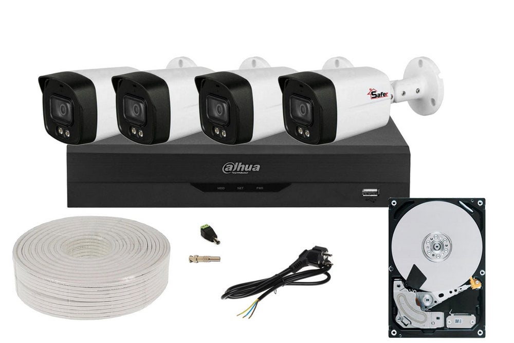Kit de supraveghere video, 4 camere 2 MP, LED cu lumina alba 40 m, DVR 4 canale, accesorii incluse, HDD 1TB, Dahua KIT-4X-2MP28LED20-ACC