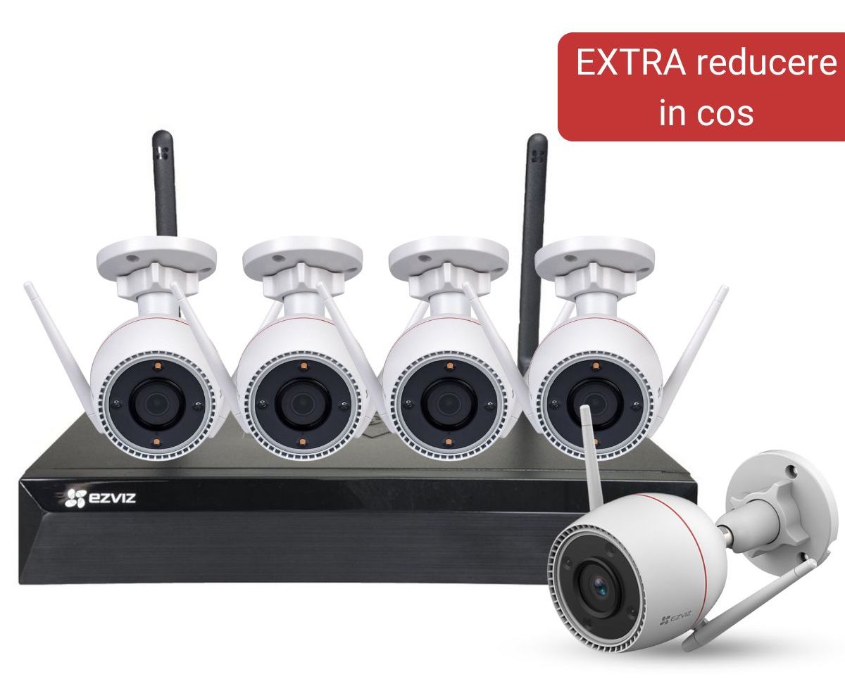 PROMO: Kit supraveghere wireless cu NVR Gratuit cu 8 canale si 5 camere IP Wi-Fi EZVIZ 3K, iluminare duala, slot microSD, IP67, KITX5S(8W)+5xH3c5MP