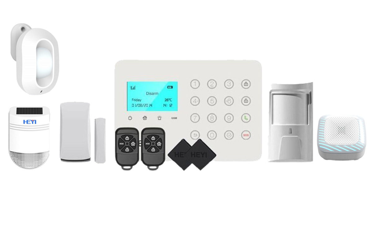 Kit sistem de alarma wireless GSM Heyi, 2 zone, RFID, 10 senzori de miscare, sirena de interior si exterior, 2x detector miscare, KIT-HEYI-H7X10