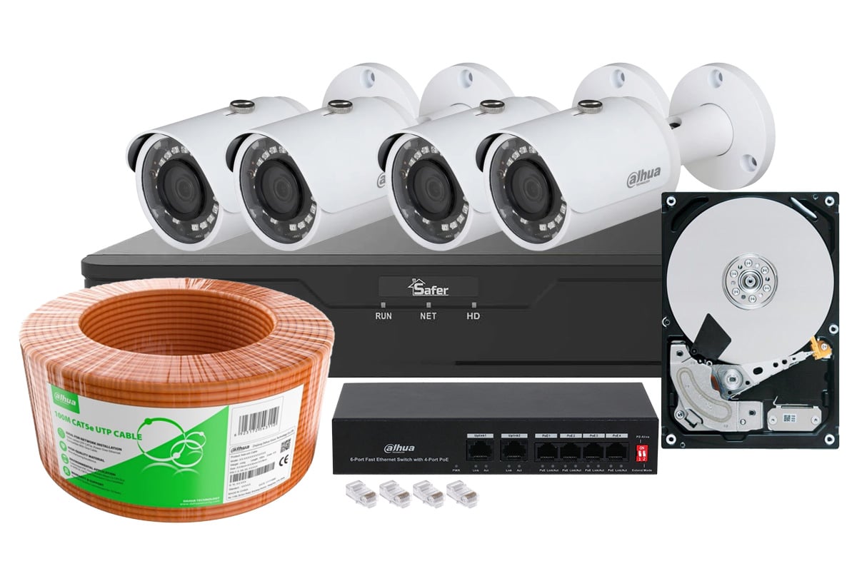 Kit de supraveghere IP COMPLET, 4 camere Full HD, IR 30m, Vizualizare de pe mobil, HDD KITIPDHSAFFHD-ACC-HDD