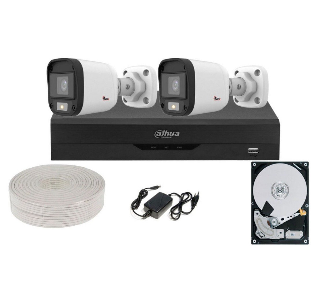 Kit de supraveghere pentru exterior, 2 camere bullet, 2MP, DVR 4 canale, Alimentator, HDD inclus, Dahua KITSAF2X-2MP2028U-HDD