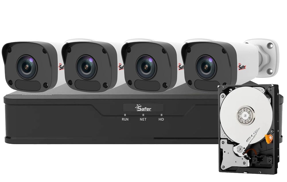 Kit de supraveghere IP, 4 camere exterior 4MP, 2.8mm, IR 30 metri si NVR 4 canale, HDD, KITIP-4X-4MP2830POEHDD