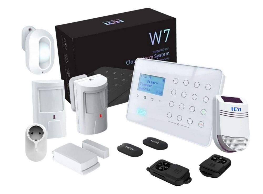 Kit sistem alarma wireless antiefractie Heyi, GSM, 2 zone, priza, detector si senzor miscare, sirena exterior, KIT HY-W7-03