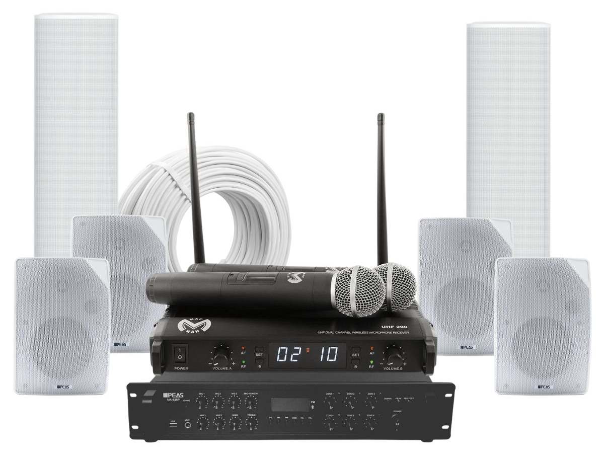 Kit sonorizare biserica cu amplificator 250W, 4 boxe perete 40W, 2 difuzoare coloana 30W si microfoane wireless UHF, KITBIS6040W