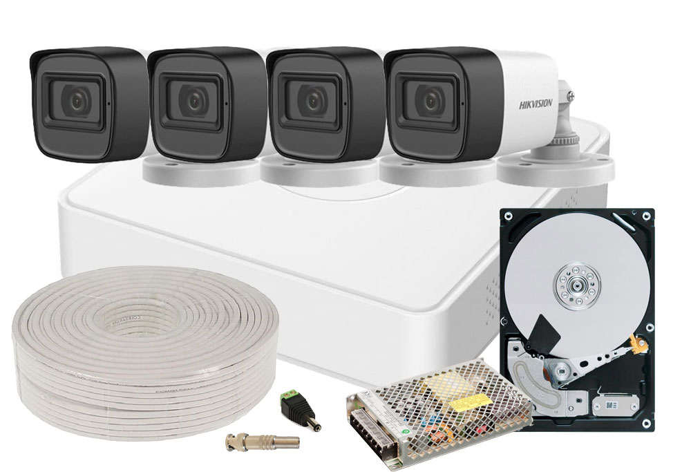 Kit supraveghere FULL HD, 4 camere cu microfon, lentila 2.8mm, IR 30 M, Hikvision KIT4FHDEXT20A-HIK