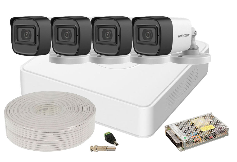 Kit supraveghere FULL HD, 4 camere cu microfon, lentila 2.8mm, IR 30 M, Hikvision KIT4FHDEXT10A-HIK-1