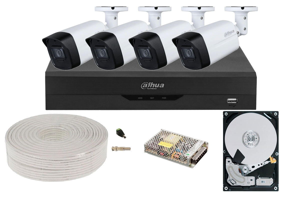 Kit supraveghere video complet cu 4 camere exterior 2MP FULL HD, IR 80m, accesorii si HDD 1TB, SAF-4E52-1TB-S-C