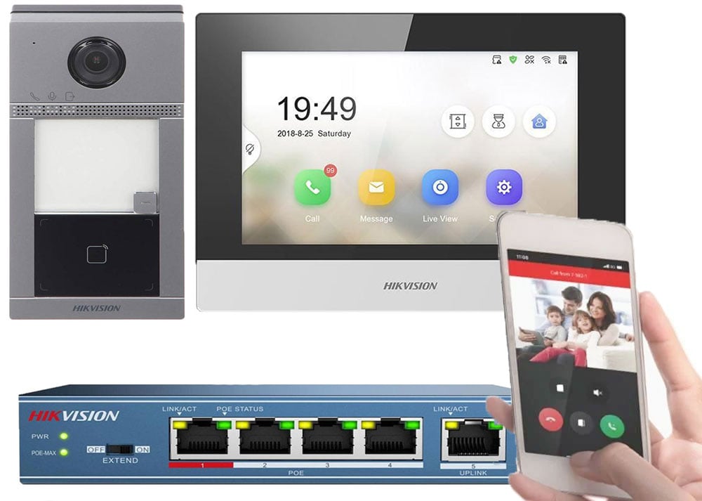 Kit videointerfon IP Hikvision, o familie, 2MP, PoE, montaj aparent, Monitor 7 inch, Touchscreen, card microSD, DS-KIS604-S(C)