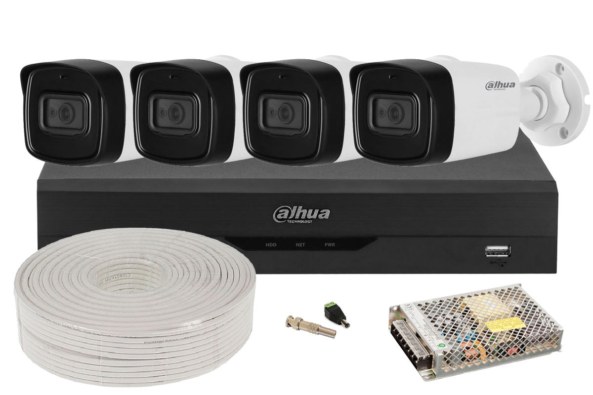 Kit pentru exterior cu 4 camere 2K, IR 80m + DVR 4 canale AI Dahua, KIT4DHFHD80-TW