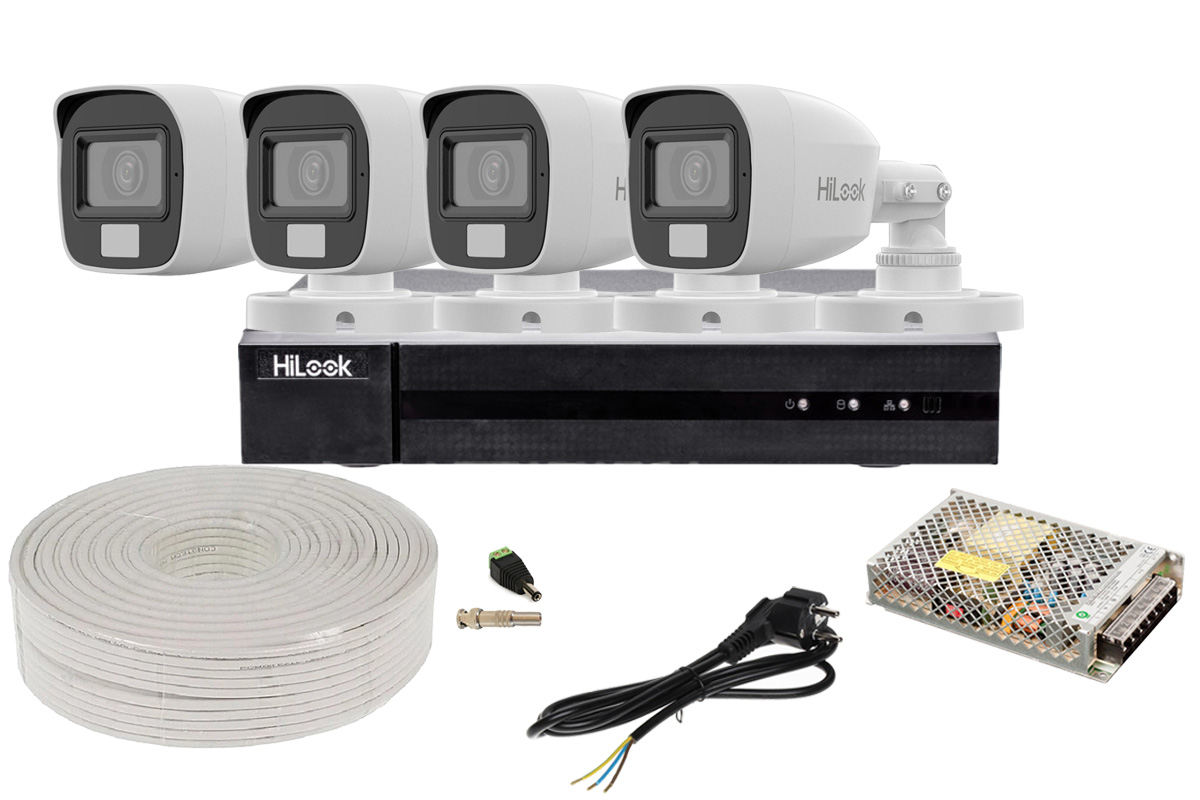 Kit sistem de supraveghere Hikvision HiLook, 4 camere HDTVI, 5MP, DVR 4 canale, Audio prin coaxial, KIT4EXTHIK3K-DVR-ACC