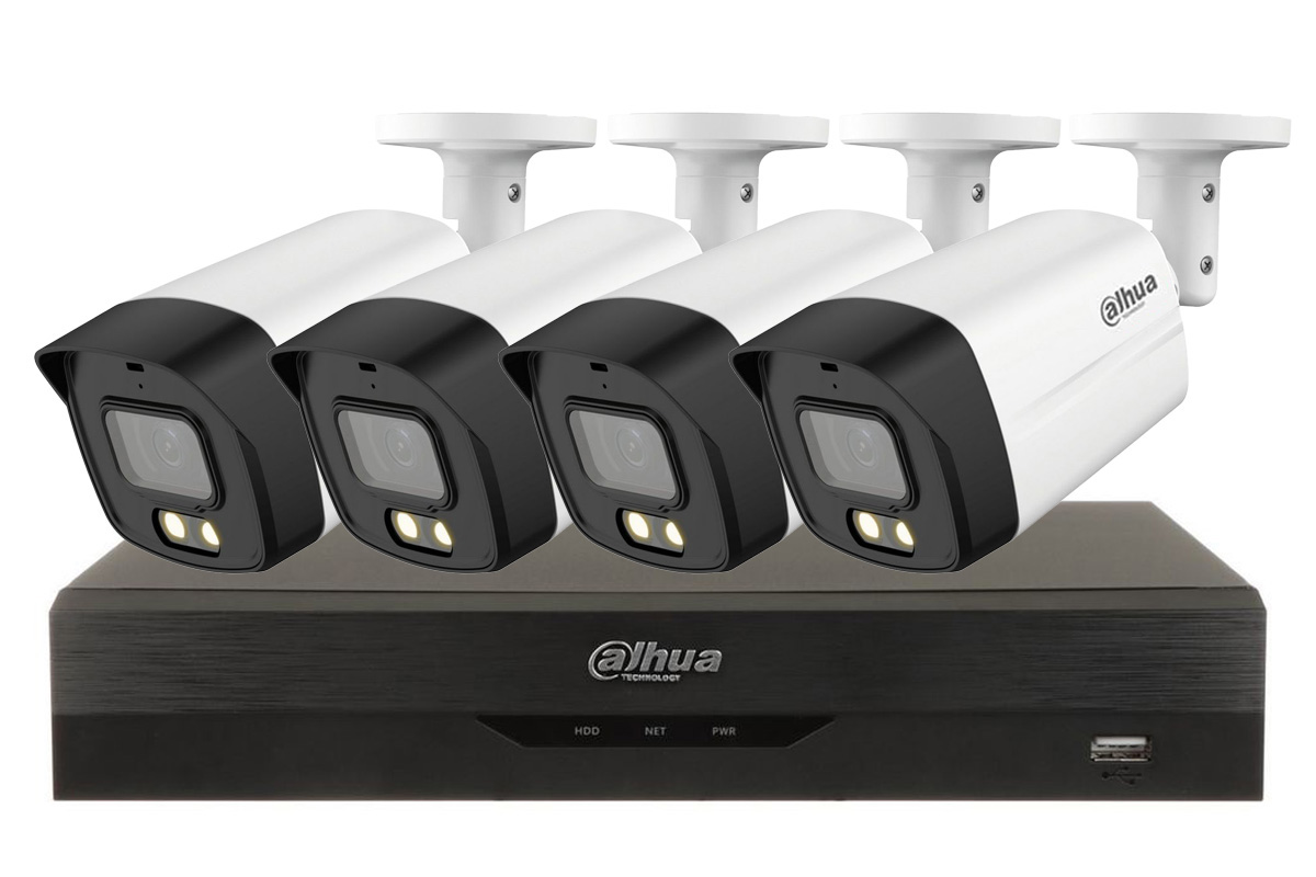 Kit 4 camere de exterior, 5MP, 3.6mm, Iluminare duala 40m si DVR 4 canale, 8MP, Dahua, KIT4INT30IRDAH