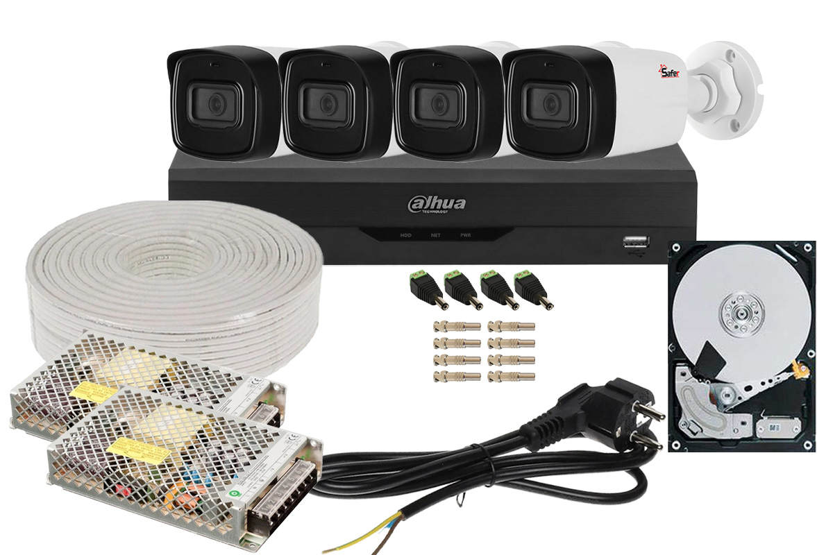 Kit complet de supraveghere exterior, 4 camere 2MP, infrarosu 40M, lentila 3.8mm, Dahua KIT4X2MPEXT80-SAF-I2