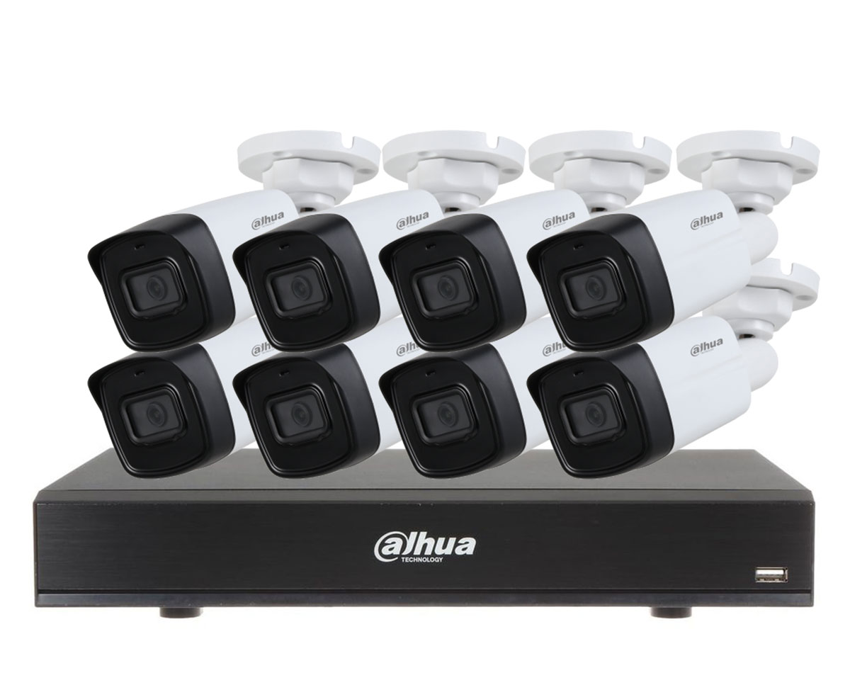 Kit de supraveghere 8 camere exterior 5MP, IR 80 metri, Microfon si DVR 8 canale, Dahua KIT8C2MPEXT-I3