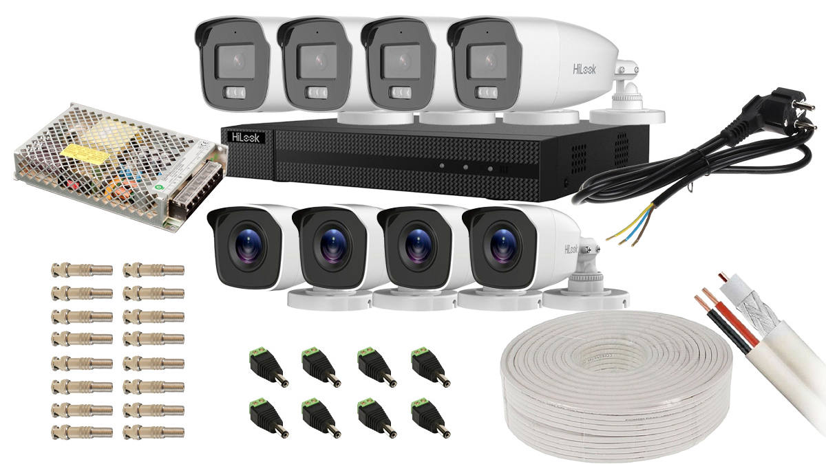 Kit de supraveghere Full HD, 2MP, IR40, DVR 8 canale, sursa alimentare, Hikvision HiLook KIT8EXTHIK2MP-DVR-POS-ACC