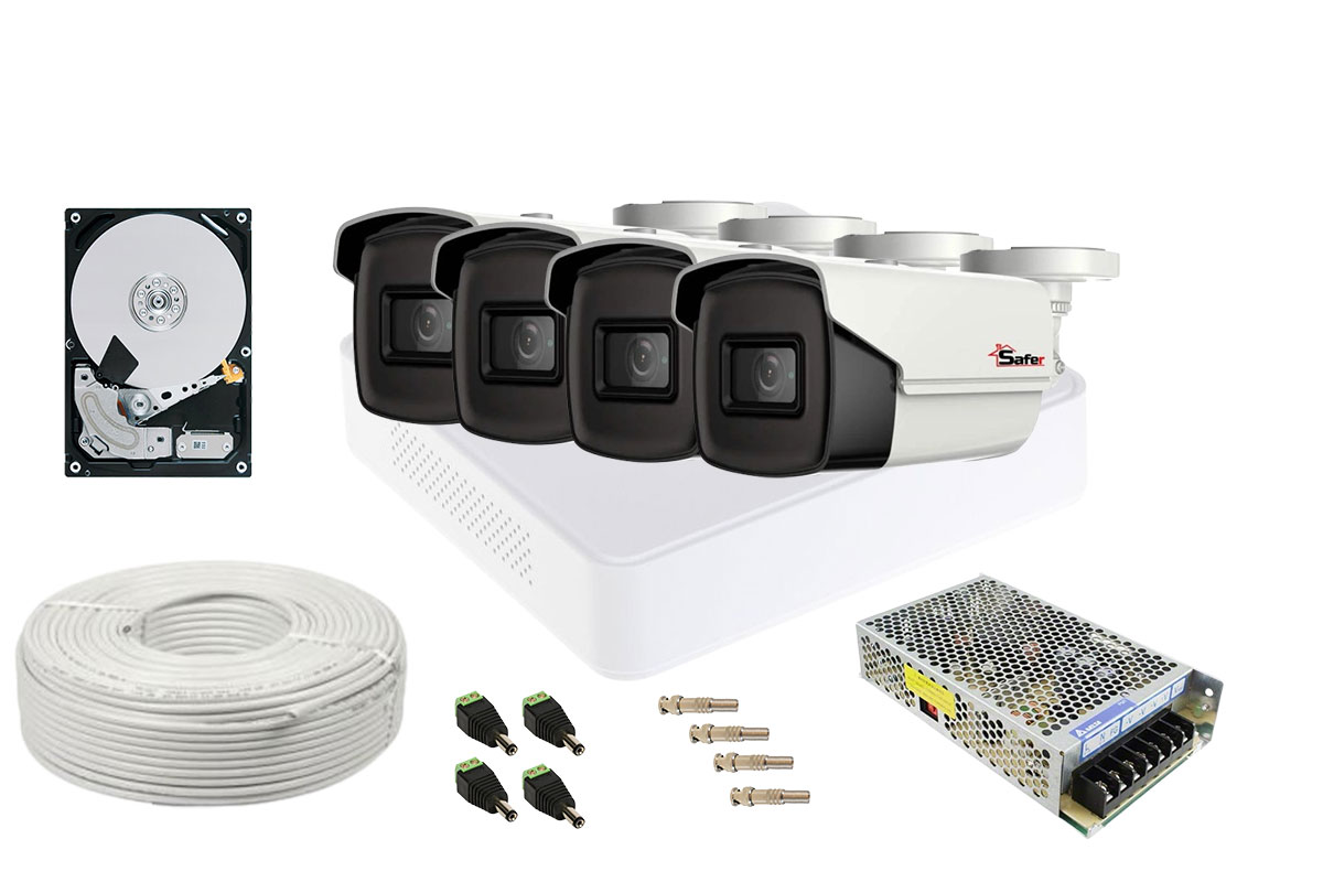 Kit complet supraveghere video, 4 camere de exterior Safer 5MP, IR 40m, DVR 4 canale, SAF-4X-5MPIR62ACC-2TB