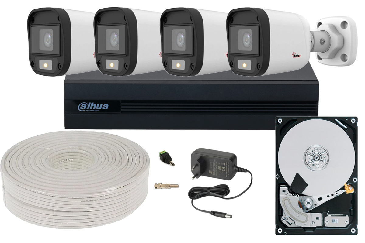 Kit sistem de supraveghere HDCVI, 4 camere 2MP, LED alb 20m, DVR 4 canale, Dahua Eco Series, HDD, KITECO-4X-2MPLED20M-HDD