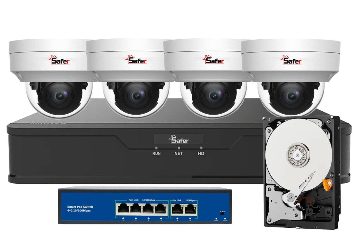 Kit de supraveghere IP SAFER, 4 camere dome 2K 4MP, IR 30M, PoE, NVR 4 canale 8MP, HDD 2TB, SAF-4X2MPINT-POE-ST