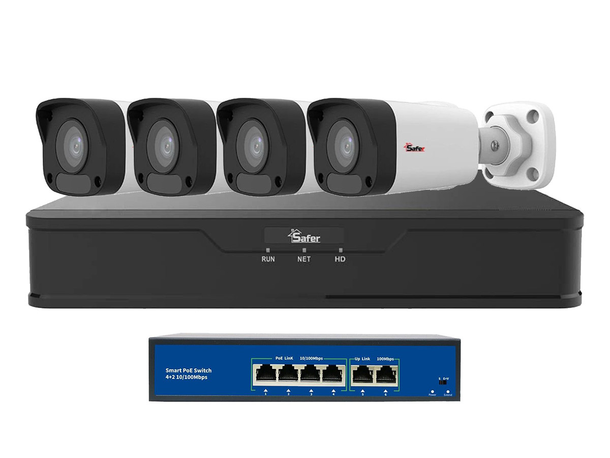 Kit de supraveghere video IP de exterior, 4 camere 2 MP, IR 30 m, NVR 4 canale, PoE, Safer, KITIP-4X-2MP2830POE-2