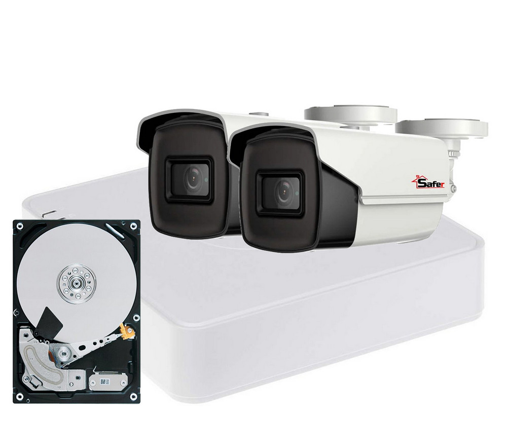 Kit de supraveghere video pentru exterior, 2 camere, 2 MP, IR 80 m, Safer, DVR 4 canale, HDD 1TB Hikvision, KITSAF2X-PRO-5MP8036HDD