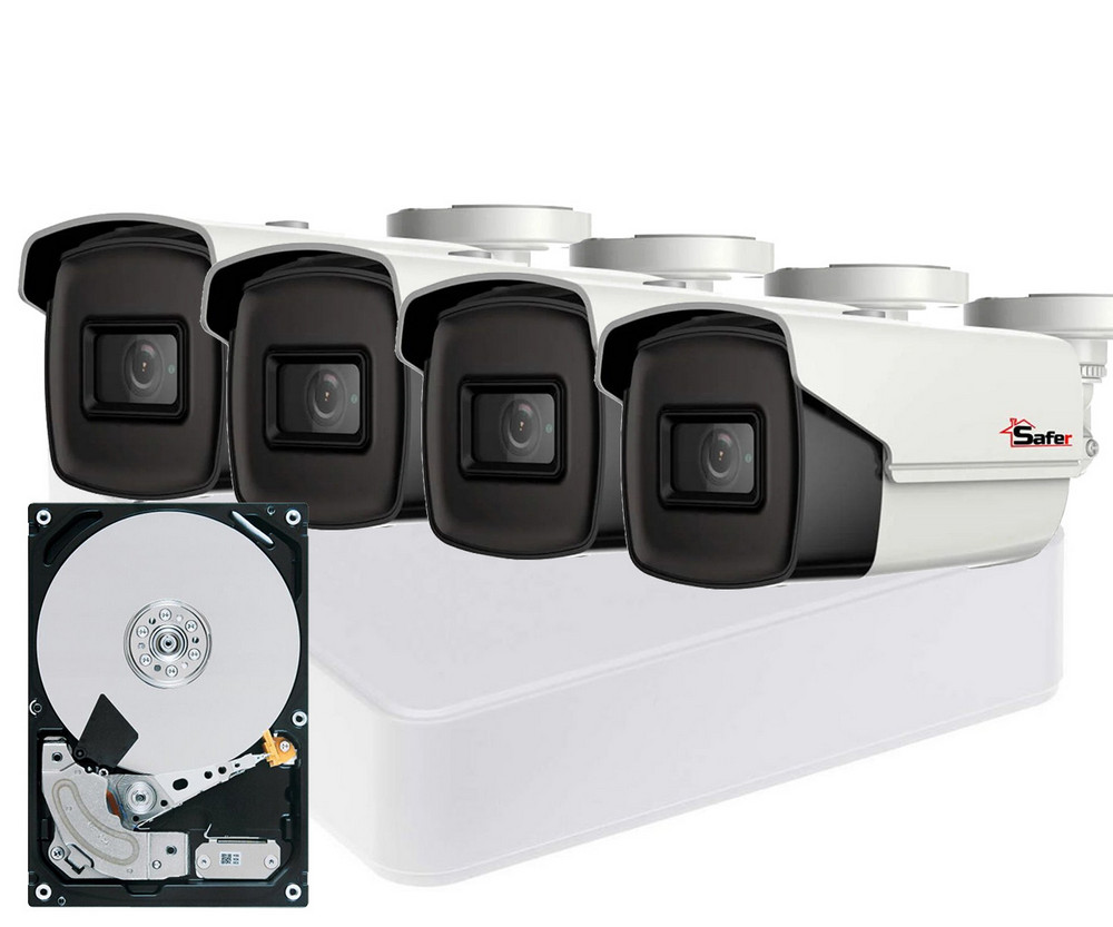 Kit de supraveghere video pentru exterior, 4 camere, 2 MP, IR 80 m, Safer, DVR 4 canale, HDD 2 TB, Hikvision, KITSAF4X-PRO-5MP8036HDD