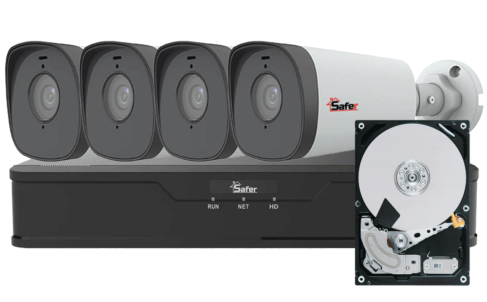 Kit supraveghere IP Safer, 4 camere exterior Full HD, IR 80M, 4 mm, NVR 4 canale PoE 8MP, Audio, KITIP-4X-2MP480HDD-A