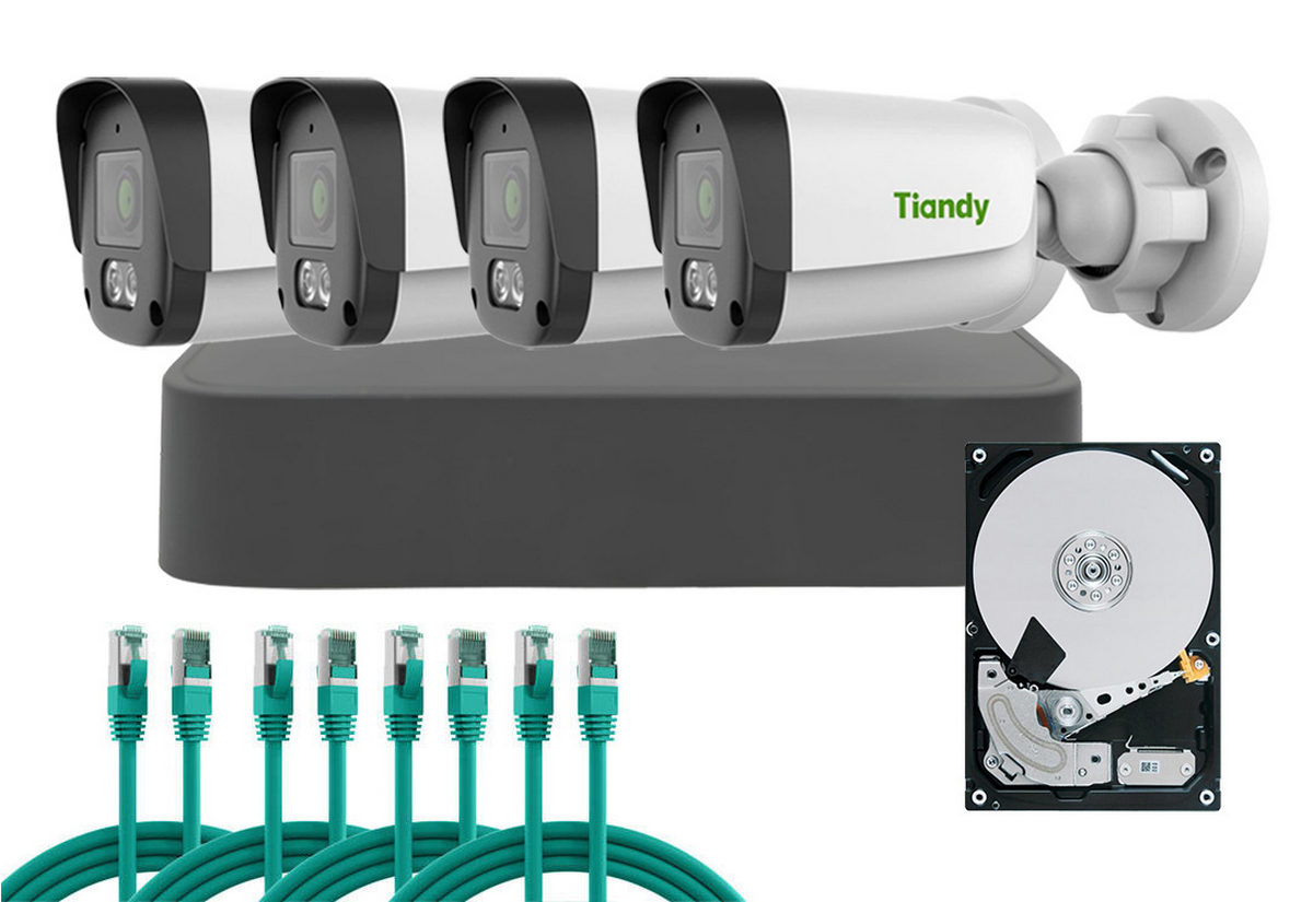 Kit supraveghere complet IP PoE Tiandy, 4 camere, 4MP, IR 30m, NVR 8 canale, Functii AI, KIT-TN4MPEXTPOEFULL