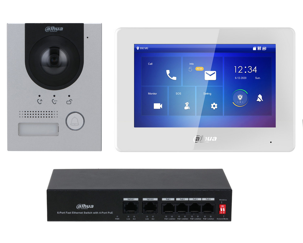 Kit videointerfon IP si switch PoE, 2 MP, 7 inch, IR, PoE, montaj aparent, MicroSD, Dahua, KTP04(S)