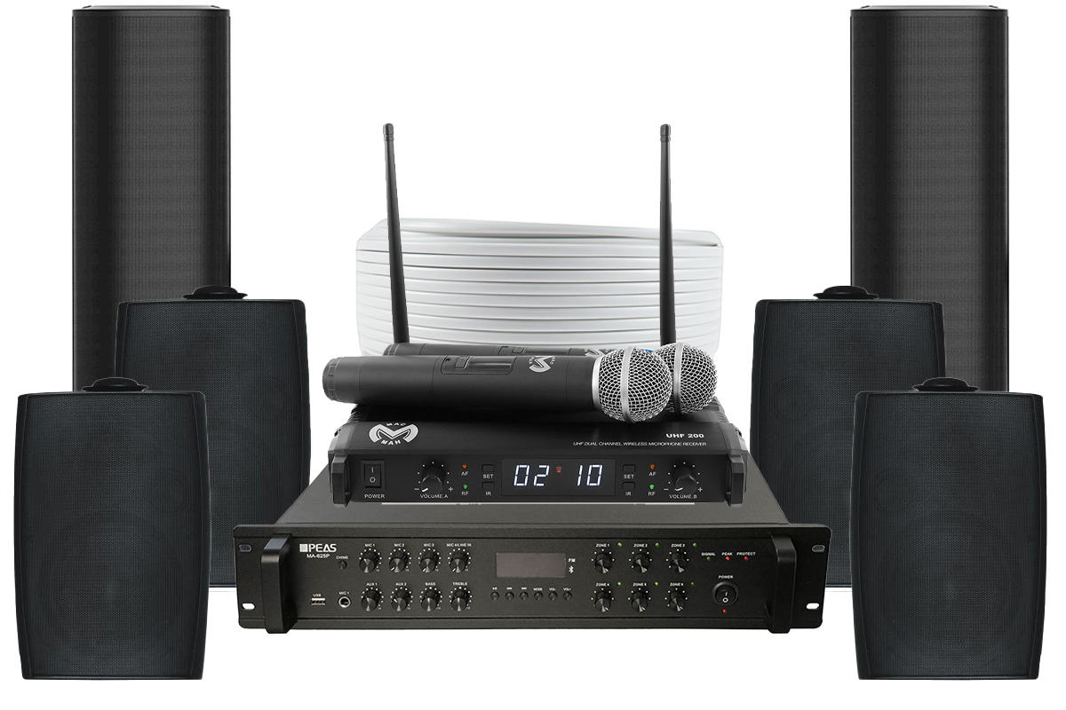 Kit Sonorizare Biserica, Public Adress, amplificator, 4 boxe, 2 difuzoare, microfoane wireless, KITBIS6030B