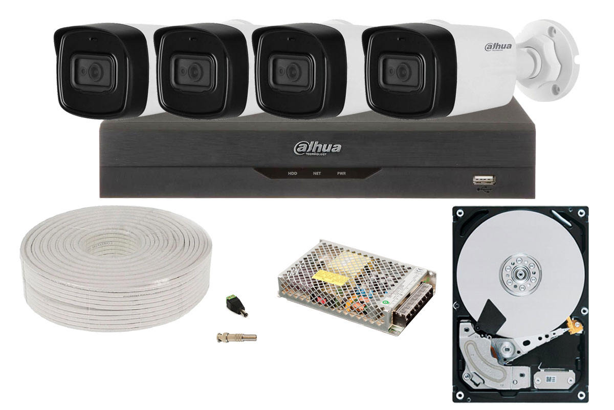 Kit complet supraveghere video, DVR, 4 camere, 5MP, lentila 3.6mm, IR 80 metri, HDD 2TB, Dahua, KITDAH5MP40EXTACC-2TBW