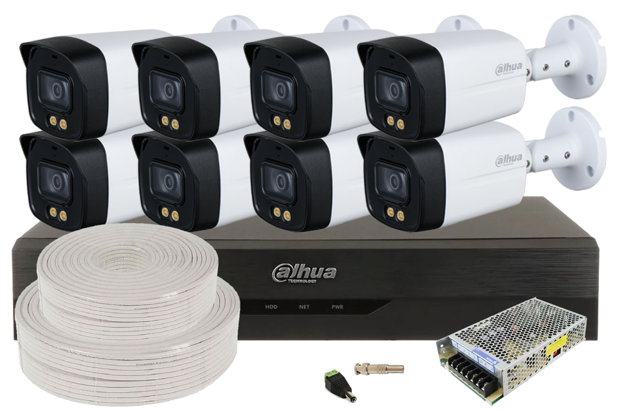 Kit de supraveghere video 8 camere exterior Full HD, 3.6 mm, LED alb 40m, Audio, DVR 8 canale, WizSense, Dahua KITEXT8FULLHD-2