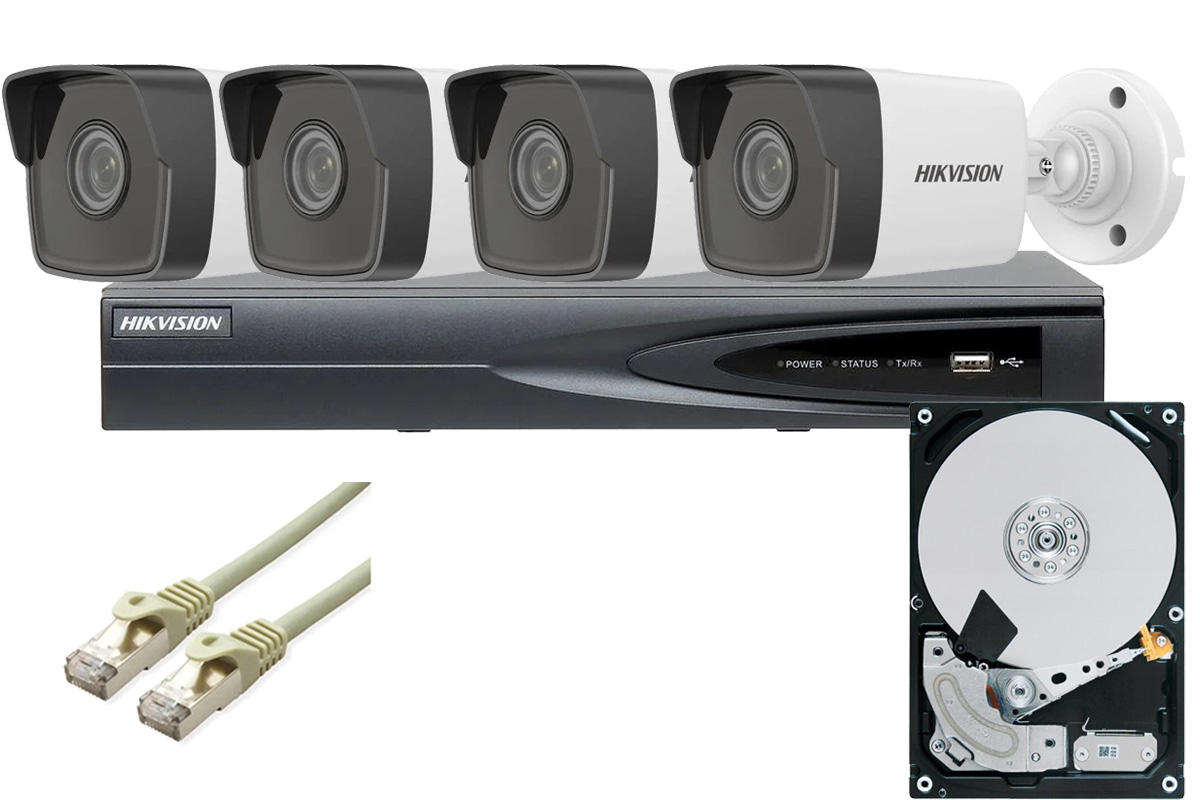 Kit sistem supraveghere IP Hikvision, NVR 4 canale 4K, 4 camere 2MP, IR 30m, patchcord S/FTP, HDD, KITHIK4FHD-SFTP-1HDD