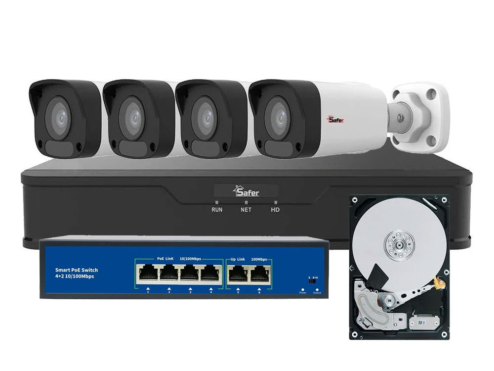 Kit de supraveghere video IP de exterior, 4 camere 2MP, IR 30 m, NVR 4 canale, PoE, HDD 1TB, Safer, KITIP-4X-2MP2830HDDPOE