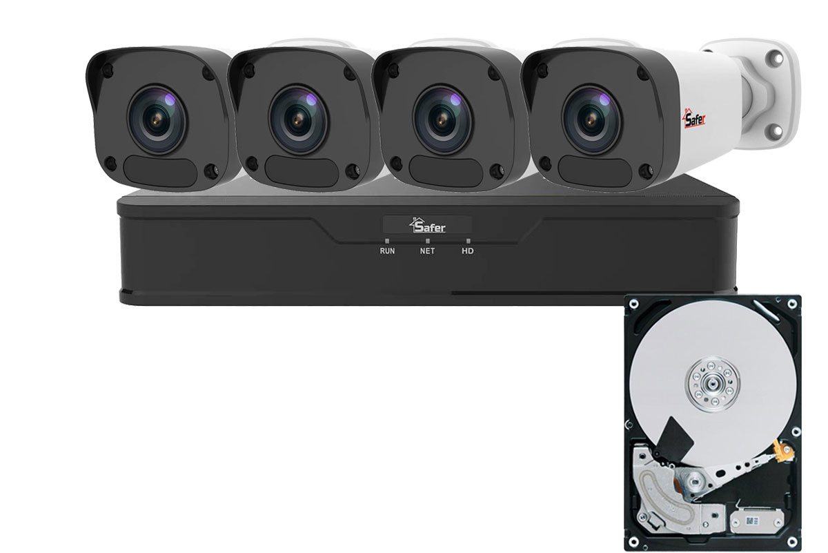 Kit de supraveghere video IP de exterior, 4 camere 4 MP, IR 30 m, NVR 8x PoE, HDD (hard disk inclus), Safer, KITIP-4X-4MP420HDD