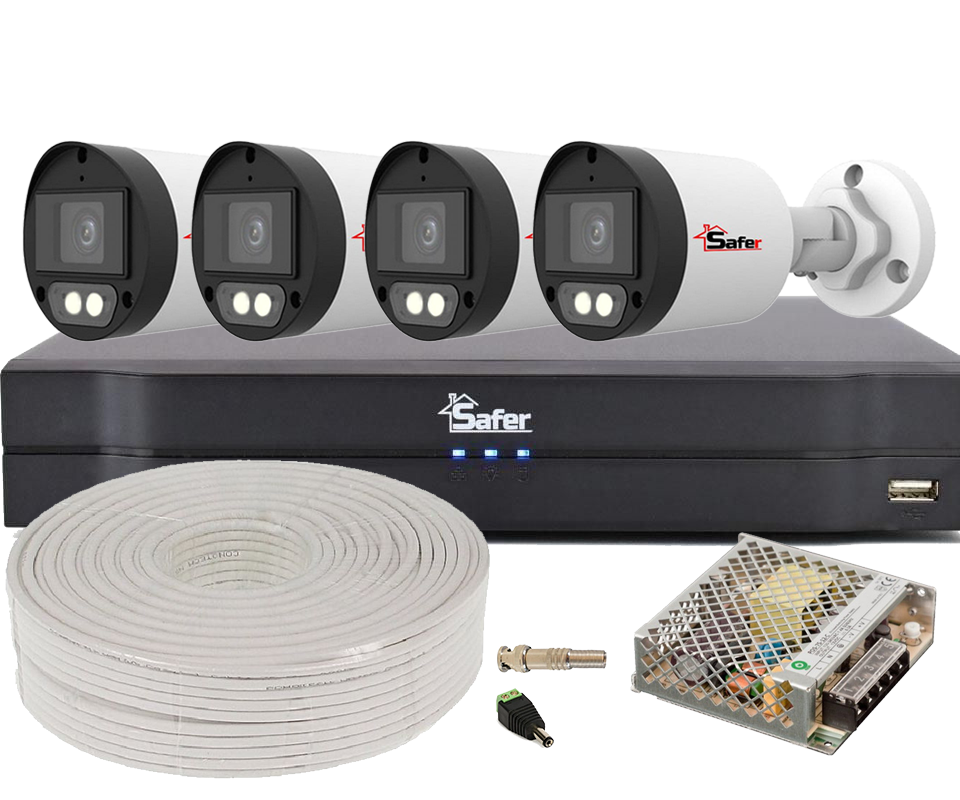 Kit de supraveghere video de exterior, 4 camere 5 MP, LED alb 40 m, DVR 4 canale, accesorii incluse, Safer, KITSAF-4X-5MP28I40ACC