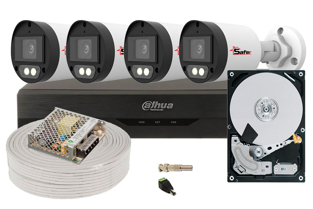 Kit de supraveghere video COMPLET, 4 camere 5 MP, LED alb 40 m, DVR , accesorii HDD 2TB, Dahua KITSAF-4X-5MP28I40ACC
