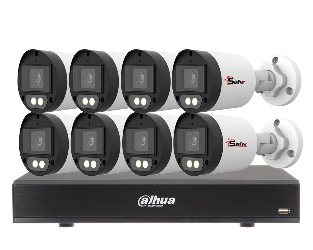 Kit de supraveghere video de exterior, 8 camere 5 MP, LED alb 40 m, Audio, DVR 8 canale, Dahua, KITSAF-8X-5MP28I40