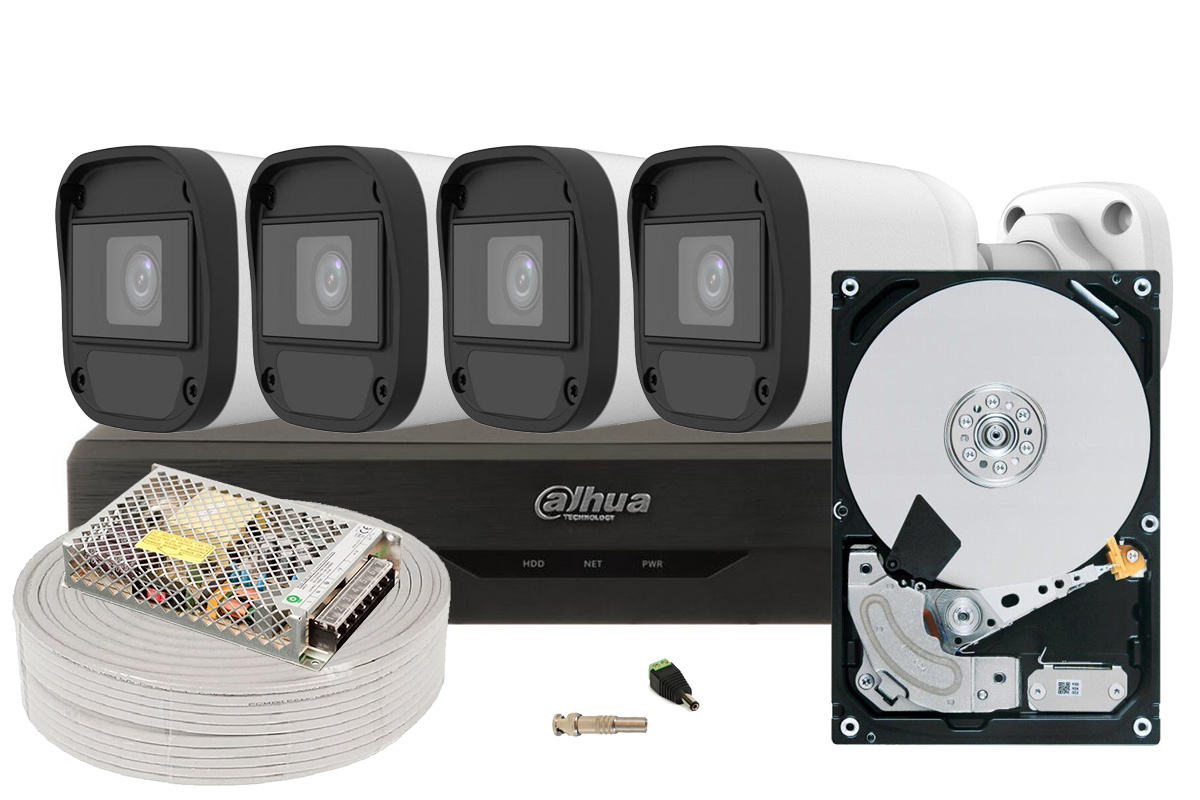 Kit de supraveghere video, 4 camere 5 MP, IR 20 m, DVR 4 canale, accesorii incluse, HDD 2TB Dahua, KITSAF4X-5MP2028UHDD