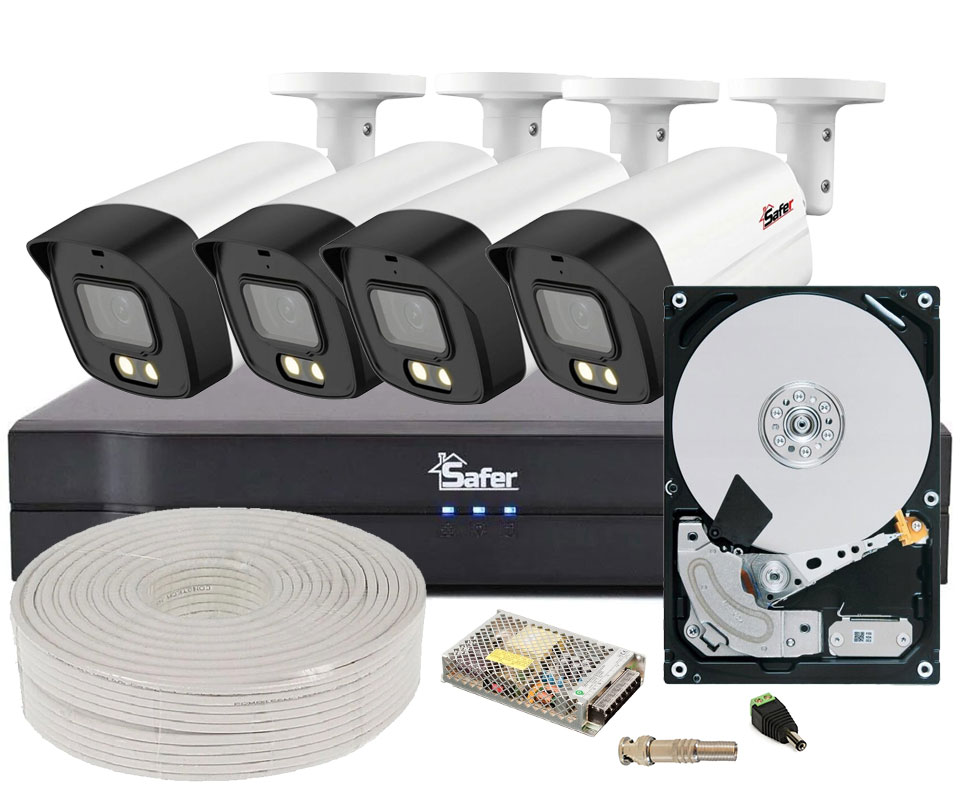 Kit complet de supraveghere pentru exterior, 4 camere Bullet 5MP, LED alb 40m, DVR 4 canale, Functii AI, Audio, KITSAF4X2MP20F28-ACCHDD