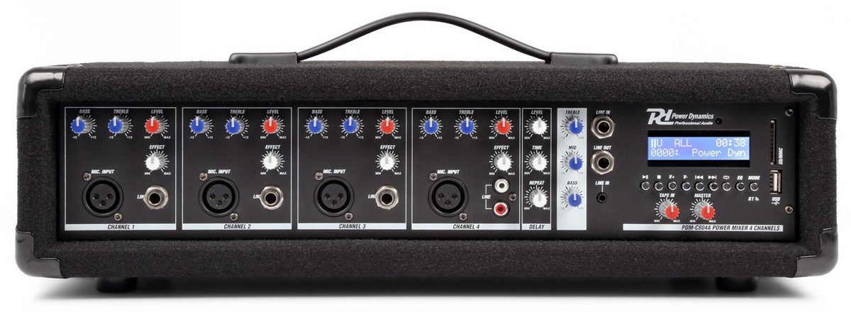 Mixer activ cu amplificator Power Dynamics PDM-C405A, 4 canale, putere per canal 150W, Bluetooth, USB, RCA, SD, MP3