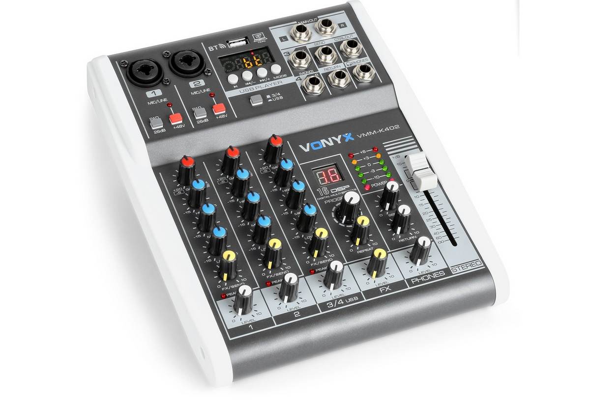 Mixer analog pasiv Vonyx VMM-K402, 4 canale, Bluetooth, USB, DSP, 2x intrari microfon