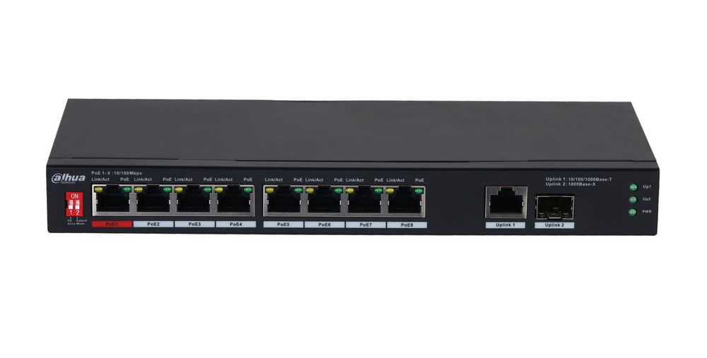 Switch 8x PoE Dahua PFS3110-8ET1GT1GF-96, 96W, 1 port SFP Gigabit, 1 port uplink Gigabit, fara management, Watchdog