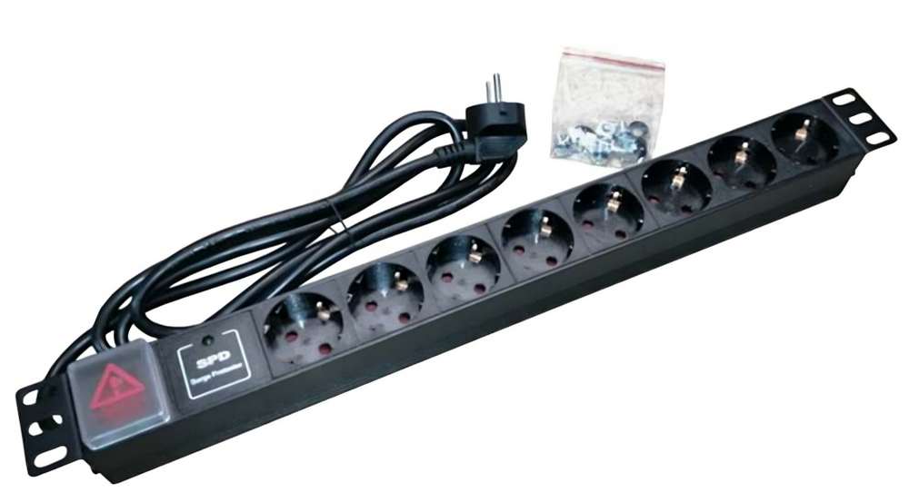 Priza rackabila 19”, 8 prize Schuko si intrerupator 1U, 16A, 3500W, EMTEX PDU8PK