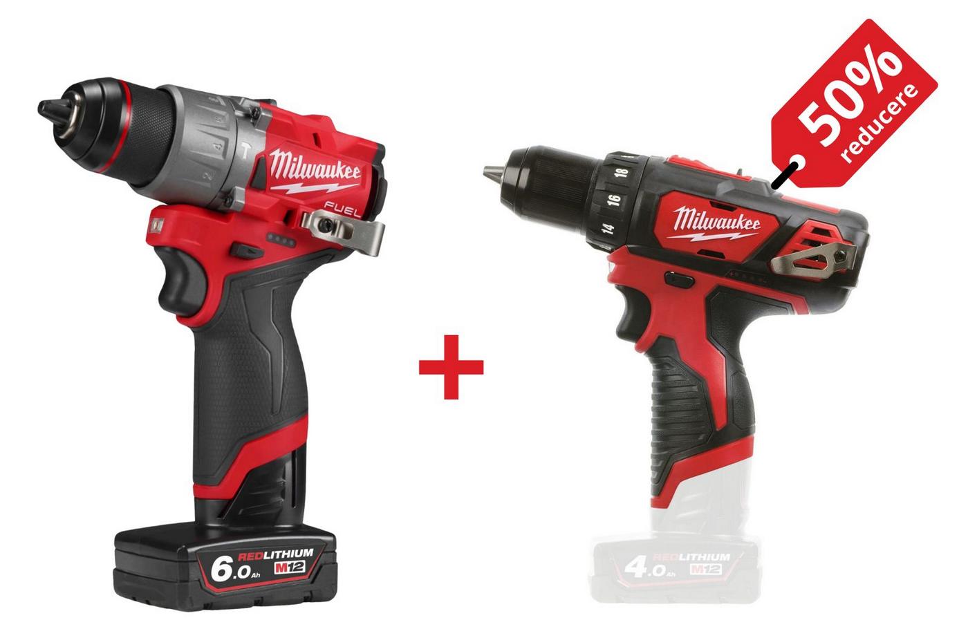 PROMO: Kit masina de gaurit cu percutie Milwaukee M12 B6 FUEL, 12V, 45 Nm + Masina de gaurit subcompacta M12, 30Nm, 4933479870-PROMO