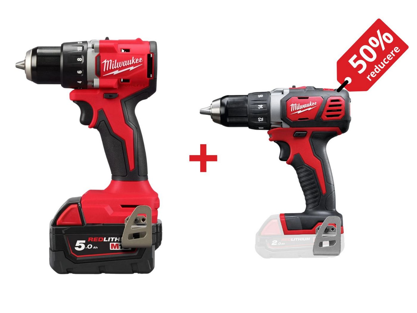 PROMO: Kit masina de gaurit Milwaukee M18 BLDDRC-502C fara perii, 60.5 Nm, 2x acumulatori + masina M18 compacta, 50 Nm, mandrina metalica 13mm, 4933492835-PROMO